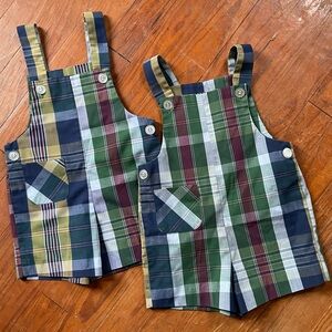 Vintage 60s Healthtex Matching Sibling Pair Toddler Plaid Shortalls, 2T & 3T